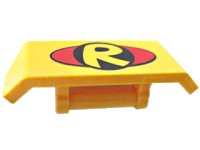 LEGO part Vehicle, Spoiler with Bar Handle with Letter R inside Black Circle on Red Oval Pattern 98834pb07