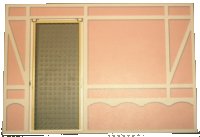 LEGO onderdeel Scala Wall, Vertical Grooved 40 x 2 x 22 2/3 with Door with White Tudor Frame on Light Salmon Background Pattern 6890c01pb01