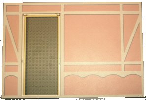 LEGO onderdeel Scala Wall, Vertical Grooved 40 x 2 x 22 2/3 with Door with White Tudor Frame on Light Salmon Background Pattern (6890c01pb01)