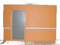 LEGO part Scala Wall, Vertical Grooved 40 x 2 x 22 2/3 with Door with White Stripe on Medium Orange Background Pattern 6890c01pb02