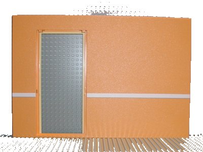 LEGO part Scala Wall, Vertical Grooved 40 x 2 x 22 2/3 with Door with White Stripe on Medium Orange Background Pattern (6890c01pb02)