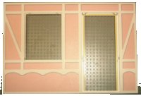 LEGO onderdeel Scala Wall, Vertical Grooved 40 x 2 x 22 2/3 with Window and Door with White Tudor Frame on Light Salmon Background Pattern 6891c01pb01