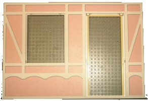 LEGO part Scala Wall, Vertical Grooved 40 x 2 x 22 2/3 with Window and Door with White Tudor Frame on Light Salmon Background Pattern (6891c01pb01)