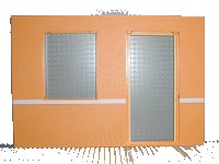 LEGO onderdeel Scala Wall, Vertical Grooved 40 x 2 x 22 2/3 with Window and Door with White Stripe on Medium Orange Background Pattern 6891c01pb02