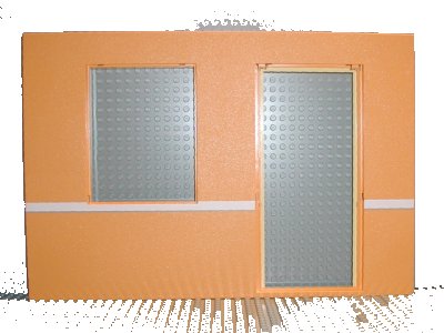 LEGO part Scala Wall, Vertical Grooved 40 x 2 x 22 2/3 with Window and Door with White Stripe on Medium Orange Background Pattern (6891c01pb02)