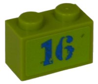 LEGO part Brick 1 x 2 with Blue '16' Pattern (Sticker) - Set 8191 3004pb098