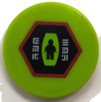LEGO part Tile, Round 2 x 2 with Black and Dark Red Hexagon with Alien Characters and Minifigure Silhouette in Alien Pod Pattern (Sticker) - Set 70703 4150pb197