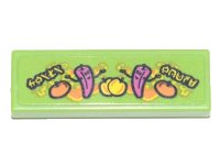 LEGO part Tile 1 x 3 with Ninjago Logogram 'CHILI HOUSE', Magenta Chilies, Yellow and Orange Fruit, and Flames Background Pattern (Sticker) - Set 71741 63864pb141