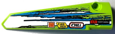 LEGO part Technic, Panel Fairing # 6 Long Smooth, Side B with 'NORTHERN', 'OIL', 'CAR BURETOR', 'WRENCH' and Blue and White Stripes Pattern (Sticker) - Set 42103 (64393pb062)