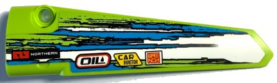 LEGO part Technic, Panel Fairing # 5 Long Smooth, Side A with 'NORTHERN', 'OIL', 'CAR BURETOR', 'WRENCH' and Blue and White Stripes Pattern (Sticker) - Set 42103 (64681pb062)