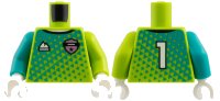 LEGO onderdeel Torso Jersey, Dark Turquoise Triangles, Metallic Pink Badge, White Sports Mountain Logo and 1 on Back Pattern / Lime Arm Left / Dark Turquoise Arm Right / White Hands 973pb6605c01