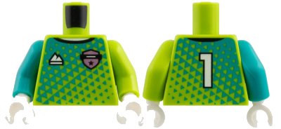 LEGO part Torso Jersey, Dark Turquoise Triangles, Metallic Pink Badge, White Sports Mountain Logo and 1 on Back Pattern / Lime Arm Left / Dark Turquoise Arm Right / White Hands (973pb6605c01)