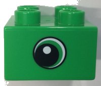 LEGO part Duplo, Brick 2 x 2 with Circled Black Eye Small with Crescent and White Pupil Pattern on Both Sides 3437pb094