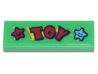 LEGO part Tile 1 x 3 with Red 'Toy' and Red and Medium Azure Stars with Smiley Faces Pattern (Sticker) - Set 71741 63864pb146
