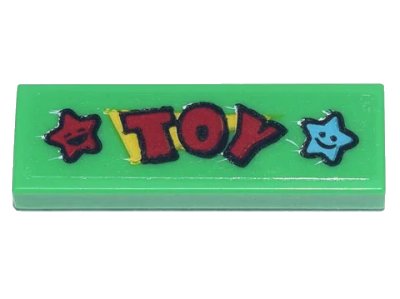 LEGO part Tile 1 x 3 with Red 'Toy' and Red and Medium Azure Stars with Smiley Faces Pattern (Sticker) - Set 71741 (63864pb146)