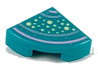 LEGO part Tile, Round 1 x 1 Quarter with Bright Light Yellow Spots, Bright Pink and Metallic Light Blue Lines Pattern 25269pb006