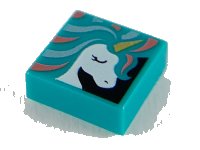 LEGO part Carreau 1 x 1 avec motif Tête de Licorne Blanche, Corne Dorée et Crinière Bleu Clair Métallique et Corail 3070pb135