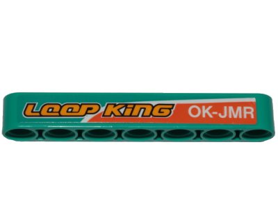 LEGO part Technic, Liftarm Thick 1 x 7 with Orange Stripe, 'LOOP KiNG' and 'OK-JMR' Pattern Model Left Side (Sticker) - Set 42117 (32524pb043L)