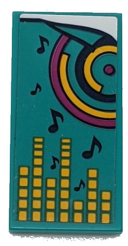 LEGO part Tile 2 x 4 with Dark Turquoise Blanket with Dark Blue Musical Notes, Circles, Magenta Dot and Yellow Equalizer Bars Pattern (Sticker) - Set 41341 (87079pb0963)
