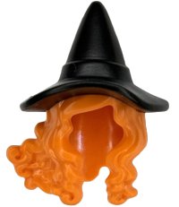 LEGO part Minifigure, Hair Combo, Hair with Hat, Long Hair with 2 Braids over Shoulders with Molded Black Witch Hat Pattern (BAM) 104255pb03
