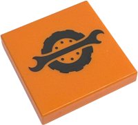 LEGO part Tile 2 x 2 with Black Spanner Wrench and Wheel Pattern 3068pb2566