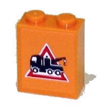 LEGO part Stein 1 x 2 x 2 mit Inside Axle Holder mit Tow Truck Danger Sign Pattern Facing Left (Sticker) - Sets 7638 / 7642 / 7686 3245bpb13l