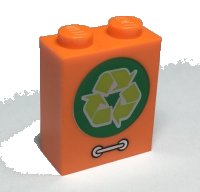 LEGO part Brick 1 x 2 x 2 with Inside Stud Holder with Lime Recycling Arrows in Green Circle and Silver Door Handle Pattern 3245cpb090
