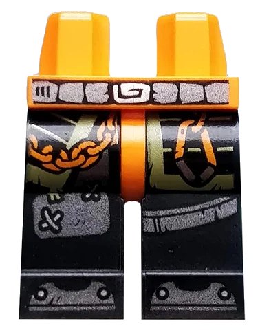 LEGO onderdeel Hips and Black Legs with Belt, Armor, Orange Chain and Carabiner, Olive Green Markings, and Iron Shoes Pattern (970c11pb41)