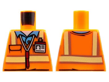 LEGO part Torso Safety Vest with Reflective Stripes over Medium Blue Shirt, ID Badge, Red Pen Around Neck Pattern (973pb2017)