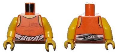 LEGO onderdeel Torso Town Prisoner Number 92116, Orange Tank Top with White Shirt Tied Around Waist Pattern / Yellow Arms / Yellow Hands (973pb2164c01)