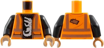 LEGO onderdeel Torso Safety Vest with Silver Reflective Stripes and Black Shirt with White Alligator / Crocodile Pattern / Black Arms / Medium Nougat Hands (973pb3676c01)