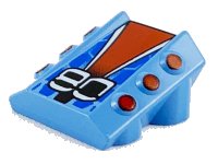LEGO part Stein, Modificato 2 x 2 Senza Studs, Inclinato con 6 Side Pistons Raised e '80', Red, White, Black, and Blue Pattern 30603pb11