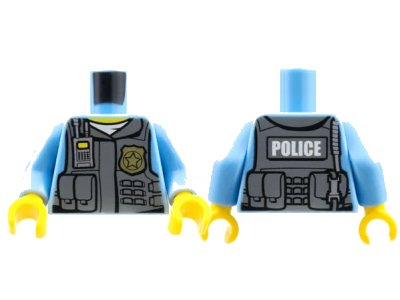 LEGO onderdeel Torso Police Shirt with Dark Bluish Gray Vest, Gold Badge, Radio, White Undershirt and White 'POLICE' Pattern on Back / Medium Blue Arms / Yellow Hands (973pb1350c01)