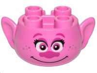 LEGO part Minifigure, Head, Modified Trolls with Magenta Eyebrows, Eyes, Eye Shadow, and Nose, Black Eyelashes, Metallic Pink Freckles, Grin Pattern 65461pb01
