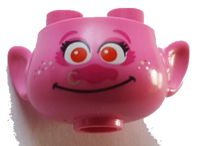 LEGO onderdeel Minifigure, Head, Modified Trolls with Magenta Eyebrows, Eye Shadow, and Nose, Black Eyelashes, Red Eyes, Metallic Pink Nose Ring and Freckles, Grin Pattern (65461pb07)