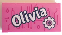 LEGO part Tile 2 x 4 with 'Olivia' and Gear Pattern 87079pb0539