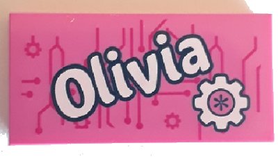 LEGO part Tile 2 x 4 with 'Olivia' and Gear Pattern (87079pb0539)