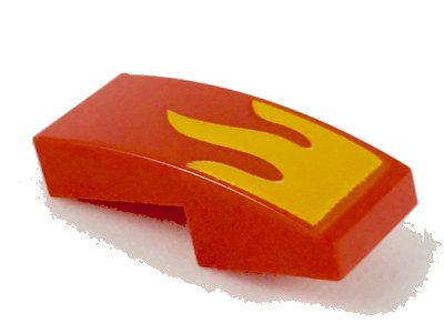 LEGO part Slope, Curved 2 x 1 x 2/3 with Bright Light Orange Flame Pattern (11477pb069)