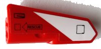LEGO part Technic, Panel Fairing #22 Very Small Smooth, Side A with Black 'RESCUE' in Arrow, Hatch, and Door Handle on Red and White Stripe Pattern (Sticker) - Set 42092 11947pb073