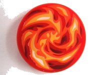 LEGO onderdeel Tile, Round 2 x 2 with Bottom Stud Holder with Dark Red, Orange, Red, White and Yellow Swirled Fire Pattern 14769pb021