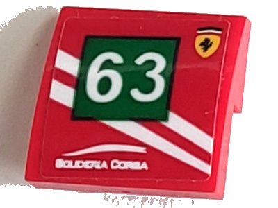 LEGO part Slope, Curved 2 x 2 x 2/3 with Ferrari Logo, 'SCUDERIA CORSA', White Stripes and Number 63 in Green Square Pattern Model Right Side (Sticker) - Set 75886 (15068pb523R)