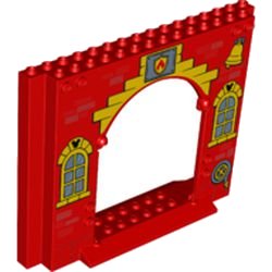 LEGO part Panel 4 x 16 x 10 with Curved Yellow Windows with Bricks and Mickey Mouse Logo, Fire Logo Badge, Yellow Bell and Hose Reel Pattern (15626pb10)
