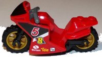 LEGO part Motorcycle Sport Bike with Black Windshield Pattern, Black Frame, Pearl Gold Wheels and Dark Bluish Gray Handlebars with Number 5 and Octan Logo Pattern on Both Sides (Stickers) - Set 60084 18895c01pb03