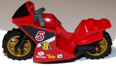 LEGO part Motorcycle Sport Bike with Black Windshield Pattern, Black Frame, Pearl Gold Wheels and Dark Bluish Gray Handlebars with Number 5 and Octan Logo Pattern on Both Sides (Stickers) - Set 60084 (18895c01pb03)