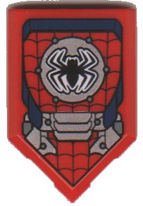 LEGO part Tile, Modified 2 x 3 Pentagonal with Black Spider, Web and Metal Plates Pattern (22385pb216)