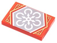 LEGO part Tile 2 x 3 with White 6-Pointed Shuriken on Silver Background with Gold Trim Pattern (Ninjago Teamwork Banner) 26603pb212