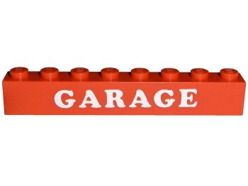 LEGO part Brick 1 x 8 with White 'GARAGE' Pattern (3008pb021)