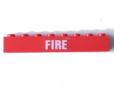 LEGO part Brick 1 x 8 with White 'FIRE' Pattern (Sticker) - Set 7239 (3008pb111)