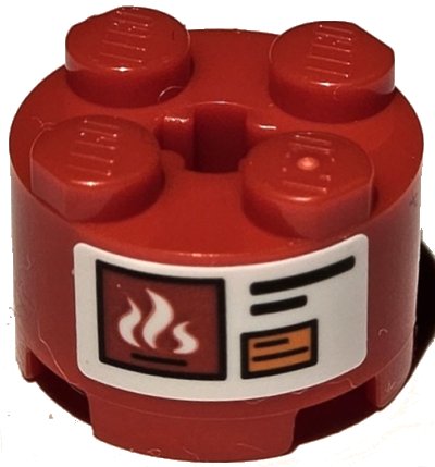 LEGO part Brick, Round 2 x 2 with Axle Hole with Warning Sign with White Flames, Black Lines and Orange Rectangle Pattern (Sticker) - Set 42111 (3941pb43)
