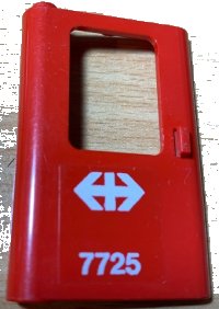 LEGO part Door 1 x 4 x 5 Train Left, Thin Support at Bottom with White Double Arrow (Swiss Federal Railways) and '7725' Pattern (Sticker) - Set 7725 4181pb076
